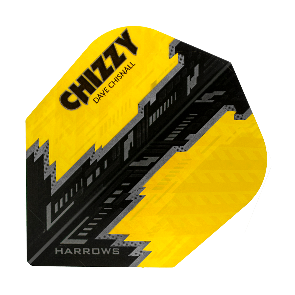 Das Bild zeigt ein Dart-Flight mit gelbem und schwarzem Design. Auf dem Flight stehen die Aufschriften "CHIZZY", "DAVE CHISNALL" und "HARROWS".
